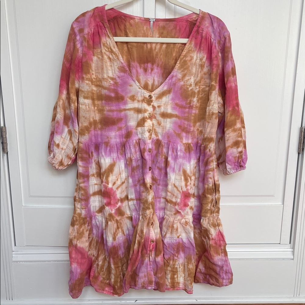 Free People Pink and Brown Tie-Dye V-Neck Tunic